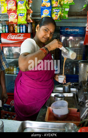 Indian Woman Making Hot Tea inside Vellore Fort in Vellore South India Stock Photo