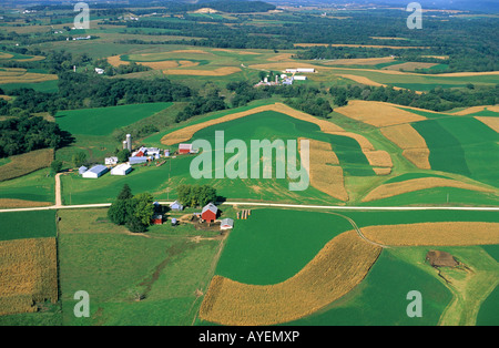 Wisconsin Contour Farm Aerial view of contour strip farming corn and alfalfa hay in Southwest ...