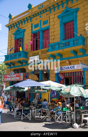 People dine outdoors at a cafe in the La Boca barrio of Buenos Aires Argentina Stock Photo