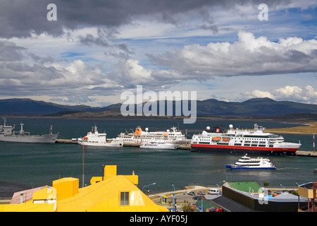 Ships docked in the bay at Ushuaia on the island of Tierra del Fuego Argentina Stock Photo