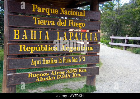 The Bahia Lapataia trailhead marking the end of the Pan American road in Tierra del Fuego National Park Argentina Stock Photo