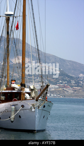 Dawn Approach is a traditional wooden sailing ship built in Scotland in 1921, now located in the marina at Fuengirola, Spain, Stock Photo