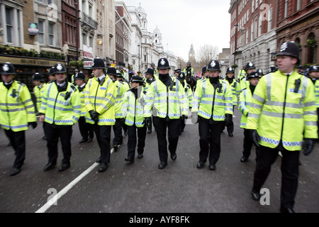 Police line during demonstrations against procession of the 2008 Beijing Olympic Games torch through Whitehall, London, April 6 Stock Photo