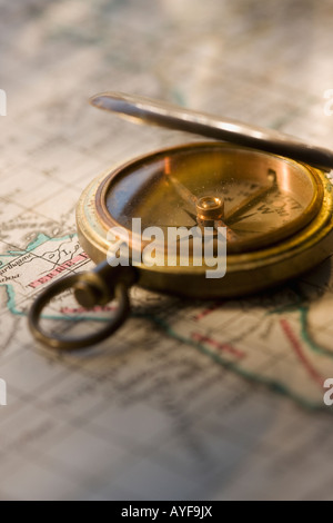 Compass on antique map Stock Photo