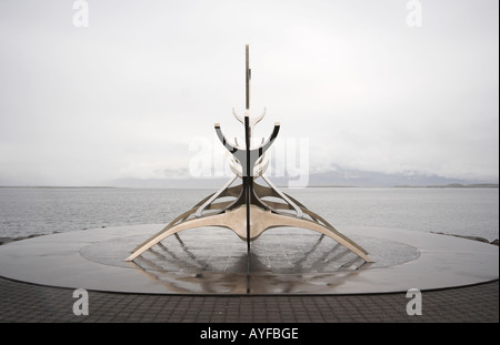 Viking boat sculpture, overlooking Snaefellsjokull, Reykjavik, Iceland Stock Photo