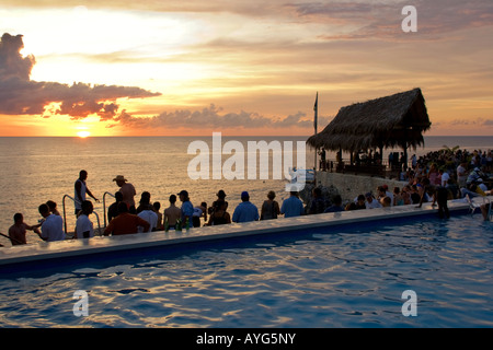 Jamaica Negril Rick s Cafe open air bar viewpoint at sunset Stock Photo