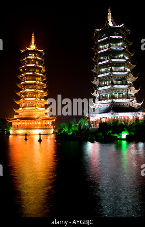 Sun Moon Pagodas Night at Shan Lake Guilin China Stock Photo