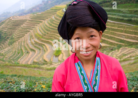 Long Haired Yao Minority Women in the Rice Terrace Fields Ping An Longsheng China Stock Photo