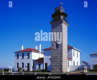 Rhode Island Sound RI: Beavertail Lighthouse built in 1856 in Beavertail State Park Jamestown Conanicut Island Stock Photo