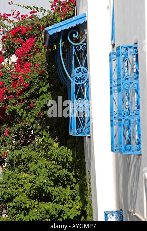 Blue metal window grilles on whitewashed house and bougainvillea Sidi Bou Said village Tunisia