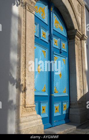 Blue and yellow decorated double doors Sidi Bou Said village Tunisia