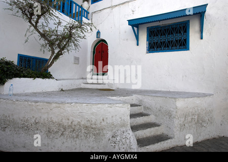 Steps lead to red and green double door on whitewash house with blue trim Sidi Bou Said village Tunisia