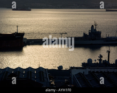 Dusk over the Bay of Gibraltar, Europe, Tankers, Warships, Stock Photo