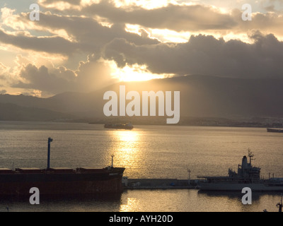 Dusk over the Bay of Gibraltar, Europe, with ships and tankers Stock Photo