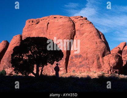 Hiker rests beneath a shade tree in front of a monolithic sandstone rock formation in Monument Valley on the Arizona Utah border Stock Photo