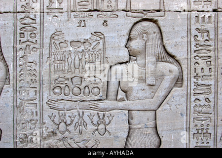 Temple of Denderah Queen Cleopatra human figures and hieroglyphics carved in the stone offerings Stock Photo