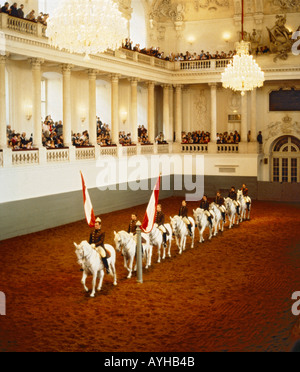 A straight line of riders and horses parade at The Spanish Riding School of Vienna Lipizzaner horse display Austria Stock Photo
