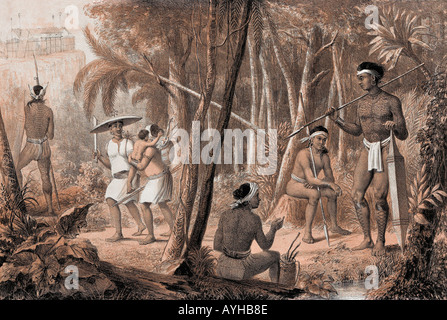 Victorian etching of a jungle scene in Borneo Kalimantan The Dayak and Iban still live in Kalimantan and neighbouring Sarawak Stock Photo