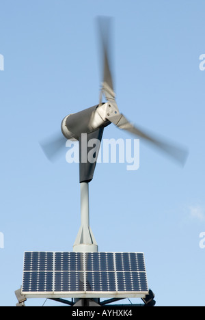 Moving wind turbine combined with solar panels to generate electricity Stock Photo
