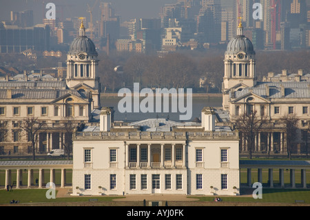 Queens house, old Royal Naval College, part of the University of Greenwich an river Thames seen from Greenwich Park Stock Photo