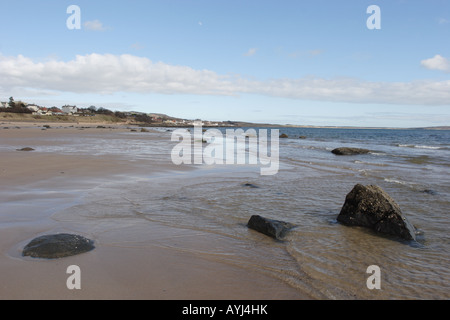 On the beach at Lundin Links looking eastward to Lundin Links and Lower Largo, Fife Stock Photo