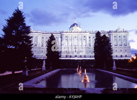 Royal Palace and Sabatini Gardens. Night view. Madrid. Spain. Stock Photo