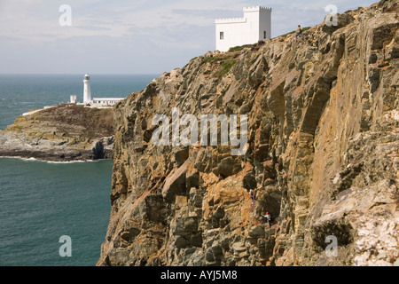 HOLYHEAD ISLE OF ANGLESEY NORTH WALES UK August Ellins Tower on the top of South Stack Cliffs and South Stack Lighthouse Stock Photo
