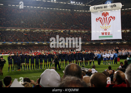 French rugby team line up for the Marseillaise in the Millenium Stadium, Cardiff, 2008. Stock Photo