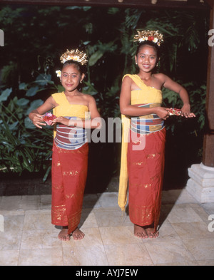 Young female Legong Balinese dancers, Denpasar, Bali, Indonesia Stock Photo