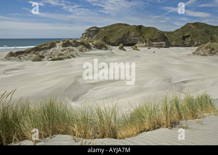 Impressive dunes at Wharariki Beach in the far north of the South Island of New Zealand Stock Photo