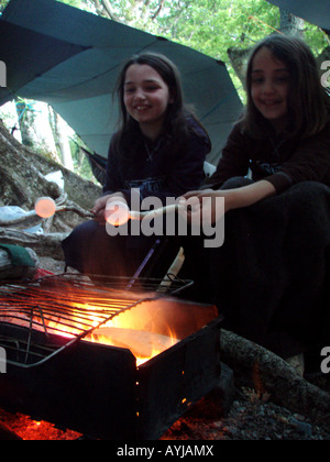 Two girls toasting marshmallows on sticks over a camp fire in a firebox Stock Photo