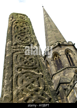 Saxon cross shaft and steeple in Bakewell All Saints church Derbyshire Peak District National park, England Stock Photo