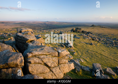 Great Staple Tor looking towards Middle and Little Staple Tors in the distance. Dartmoor National Park Devon England Stock Photo