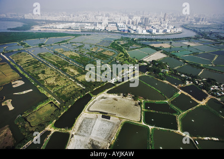 Aerial view of fish ponds in Mai Po Nature Reserve. Shenzhen City China in background. Hong Kong Stock Photo
