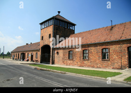 The main SS guard house viewed from outside the camp at the former Nazi concentration camp at Auschwitz Birkenau. Stock Photo