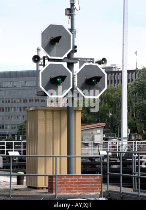 Traffic signal for Railroad crossing/ boat crossing, in city street Stock Photo