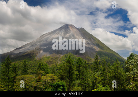 Large image of smoking active Arenal Volcano in rainforest of Costa Rica Stock Photo