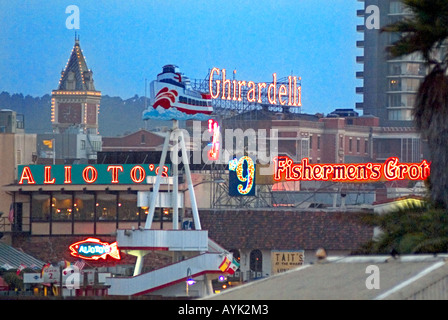 Fishermans Wharf restaurants looking toward Ghirardelli Chocolate Factory Square at night in San Francisco Stock Photo
