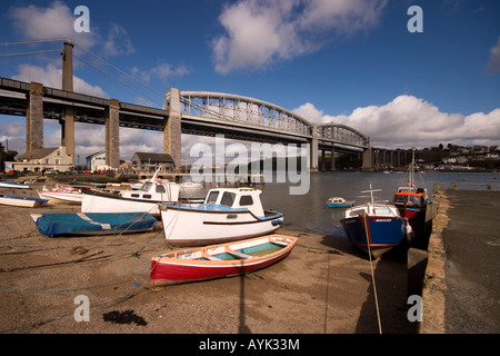 Saltash side of the Tamar river with Brunel's Royal Albert Bridge and Tamar Road Bridge behind it Stock Photo