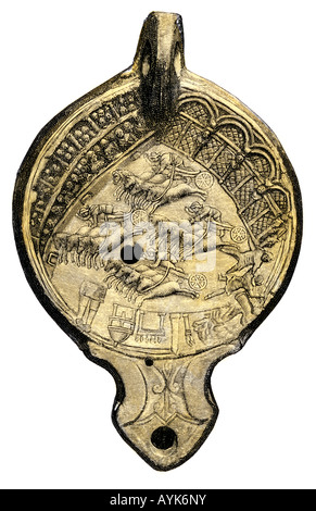 Ancient Roman lamp with a scene of a chariot race in the Circus Maximus. Hand-colored woodcut Stock Photo
