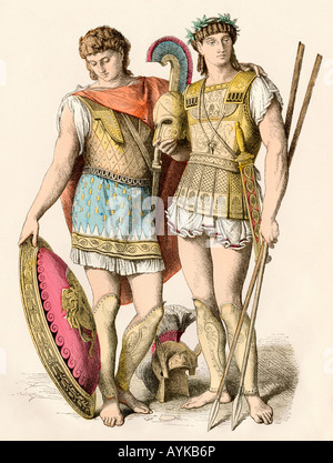 Greek king and a soldier dressed for battle in ancient times. Hand-colored print Stock Photo