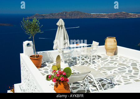 Apartment patio and pool decor in the village of Fira on the Greek Island of Santorini Greece Stock Photo