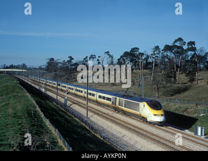 Eurostar train travelling through the Kent countryside on the High Speed Channel Tunnel Rail Link. Lenham Kent England. Stock Photo