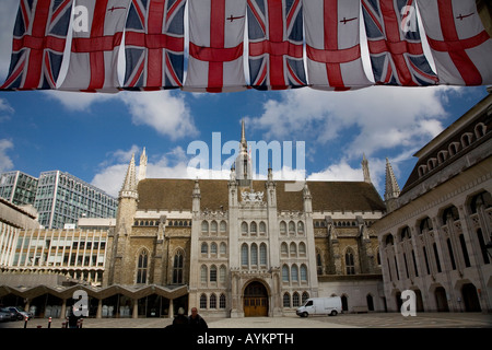London Guildhall with Union Jack and England flags Stock Photo