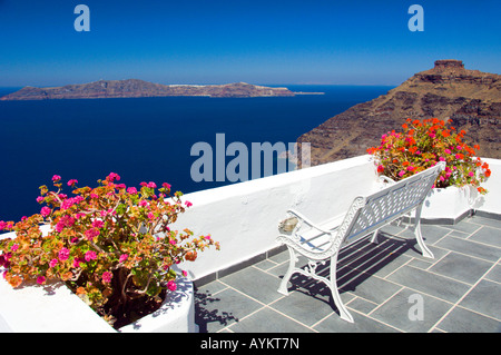 Apartment patio and pool decor in the village of Fira on the Greek Island of Santorini Greece Stock Photo