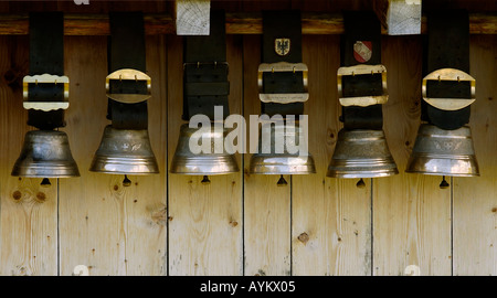 Cowbells Hanging On Barn Wall Adelboden Swiss Cow Bell Hanging On Brick Wall Stock Photo 25773934
