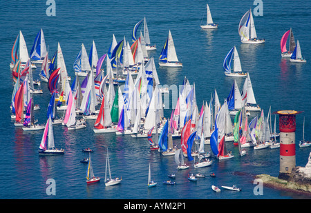 Aerial view. Round the Island race. Yachts passing the Needles lighthouse. Isle of Wight. UK. Stock Photo