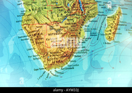 Close-up shot of geographical globe focusing on South Africa and Madagascar Stock Photo