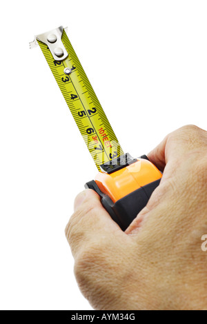 Hand holding measuring tape on white background Stock Photo