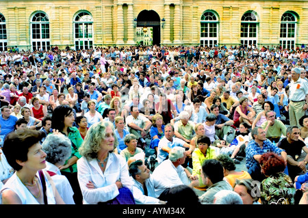 PARIS France, World Music Day, Classical Music, European Symphonic Orches-tra' Crowd Scene, from above Audience Outside music festival sitting down Stock Photo